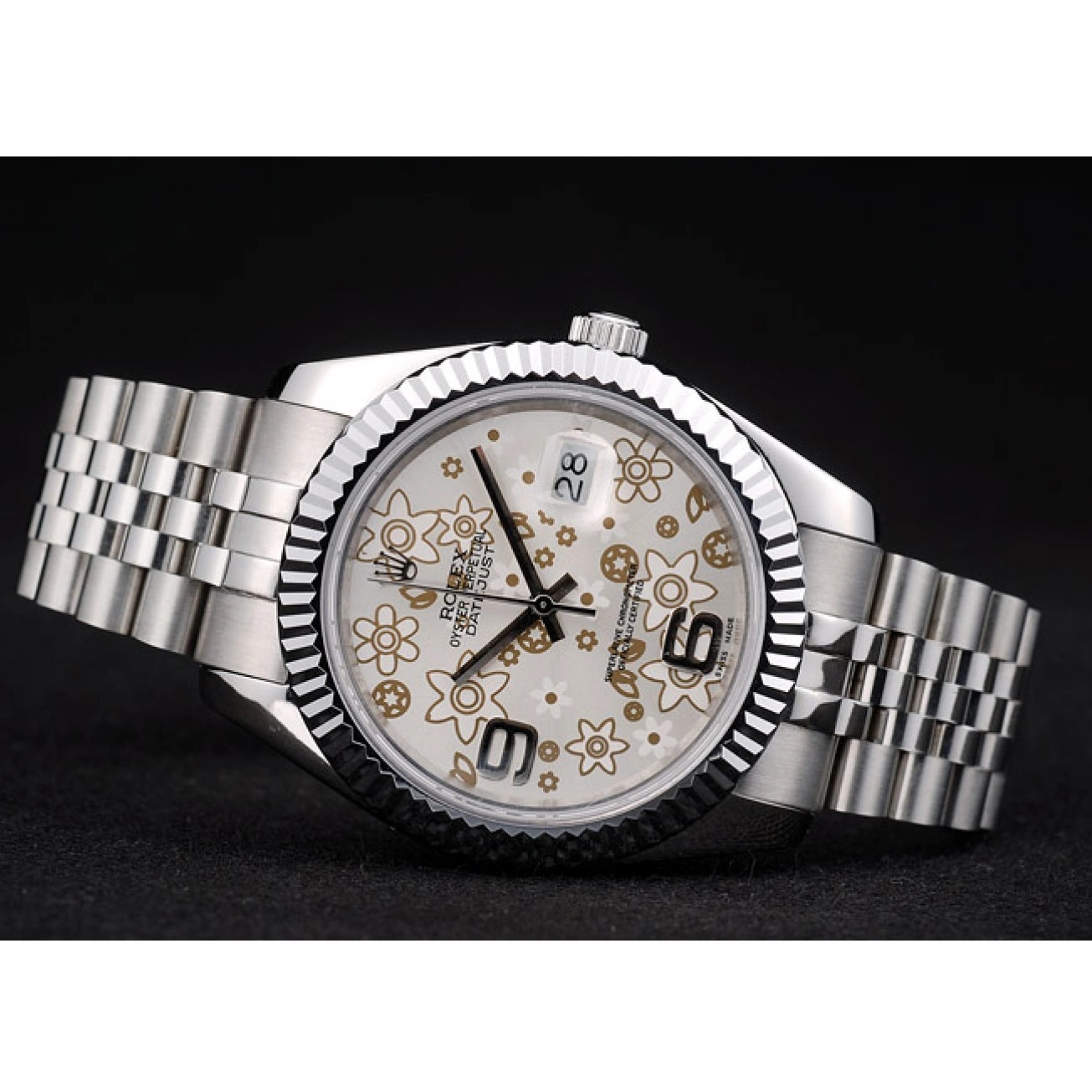 Aaa replica watch Silver DateJust Flower Dial Rolex Steel Stainless Bezel 41983 Ribbed 0729